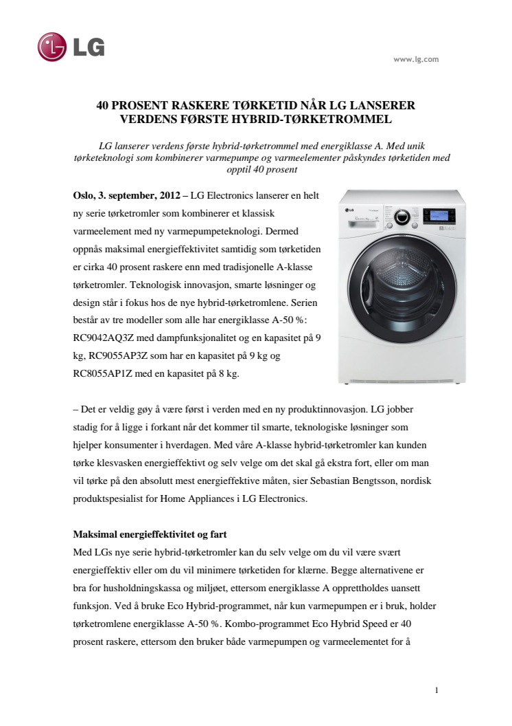 IFA 2012: 40 PROSENT RASKERE TØRKETID NÅR LG LANSERER VERDENS FØRSTE HYBRID-TØRKETROMMEL