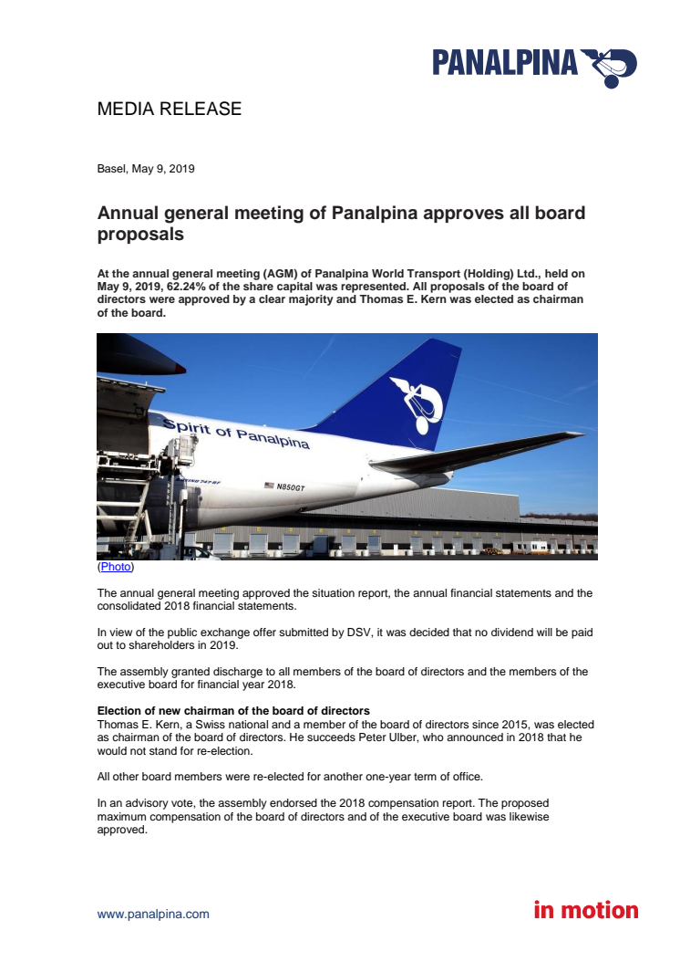 Annual general meeting of Panalpina approves all board proposals