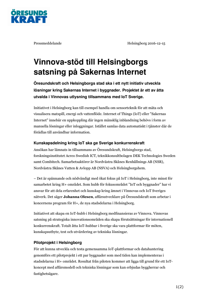 Vinnova-stöd till Helsingborgs satsning på Sakernas Internet