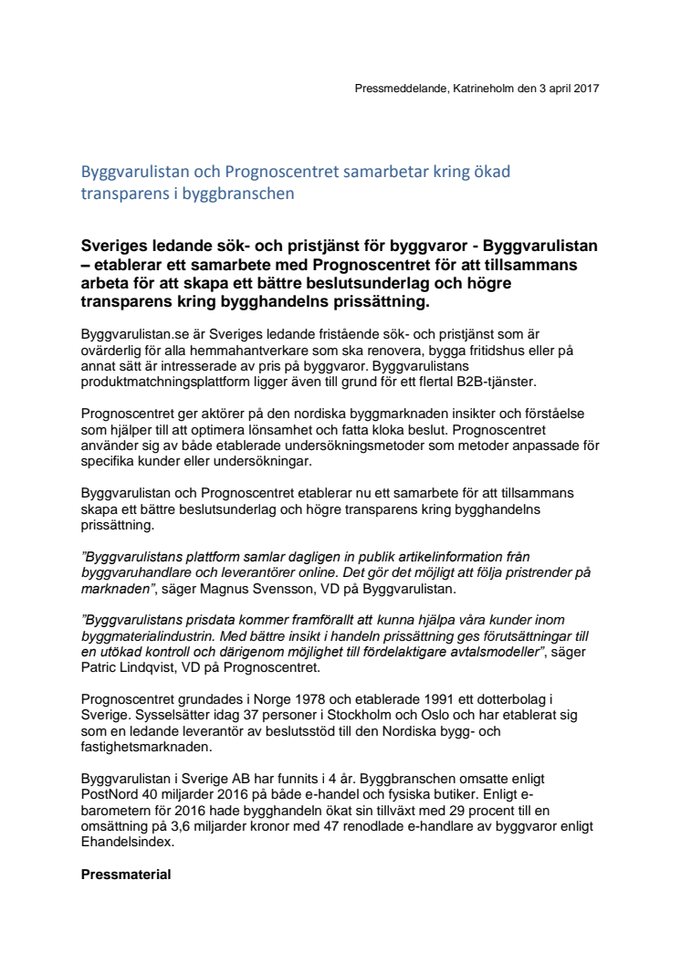 Prisstatistik från Byggvarulistan skapar bättre beslutsunderlag för  Byggmaterialindustrin 