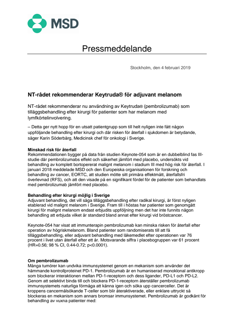 NT-rådet rekommenderar Keytruda® för adjuvant melanom