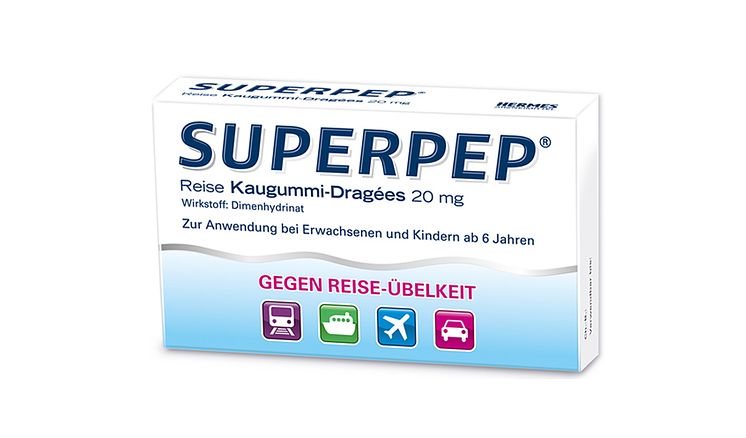 960 x 564 Packungsabbildung Superpep Reisekaugummi-Dragees 20 mg