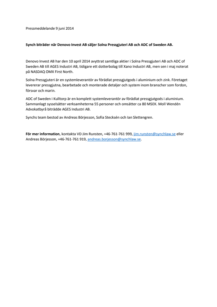 Synch biträder när Denovo Invest AB säljer Solna Pressgjuteri AB och ADC of Sweden AB