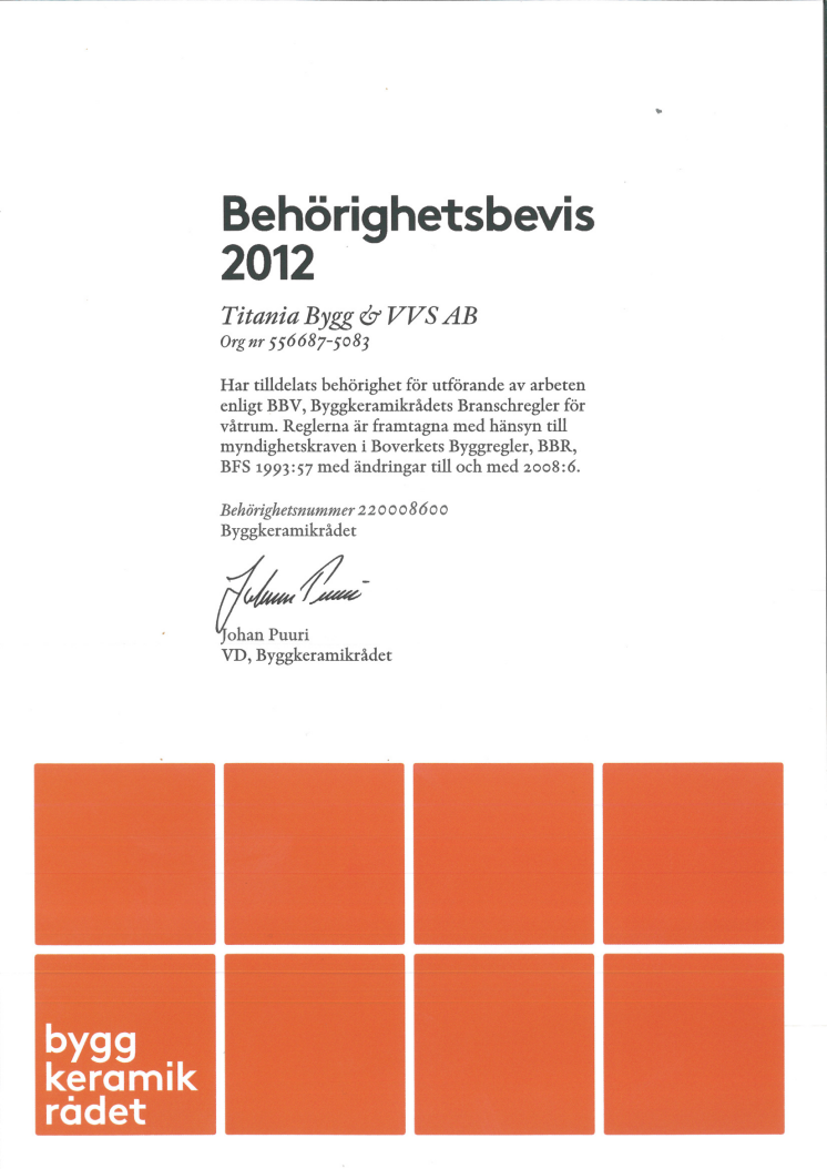 Titanias behörighetsbevis för Byggkeramikrådet för 2012