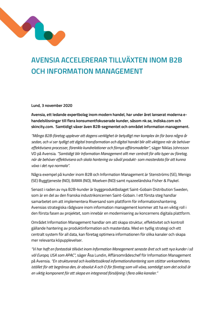 Avensia accelererar tillväxten inom B2B och Information management
