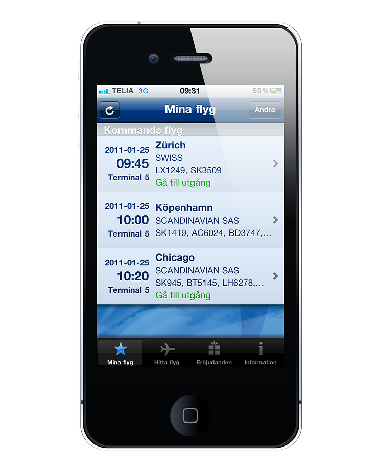 Arlanda flygplats Iphone applikation - Mina flyg