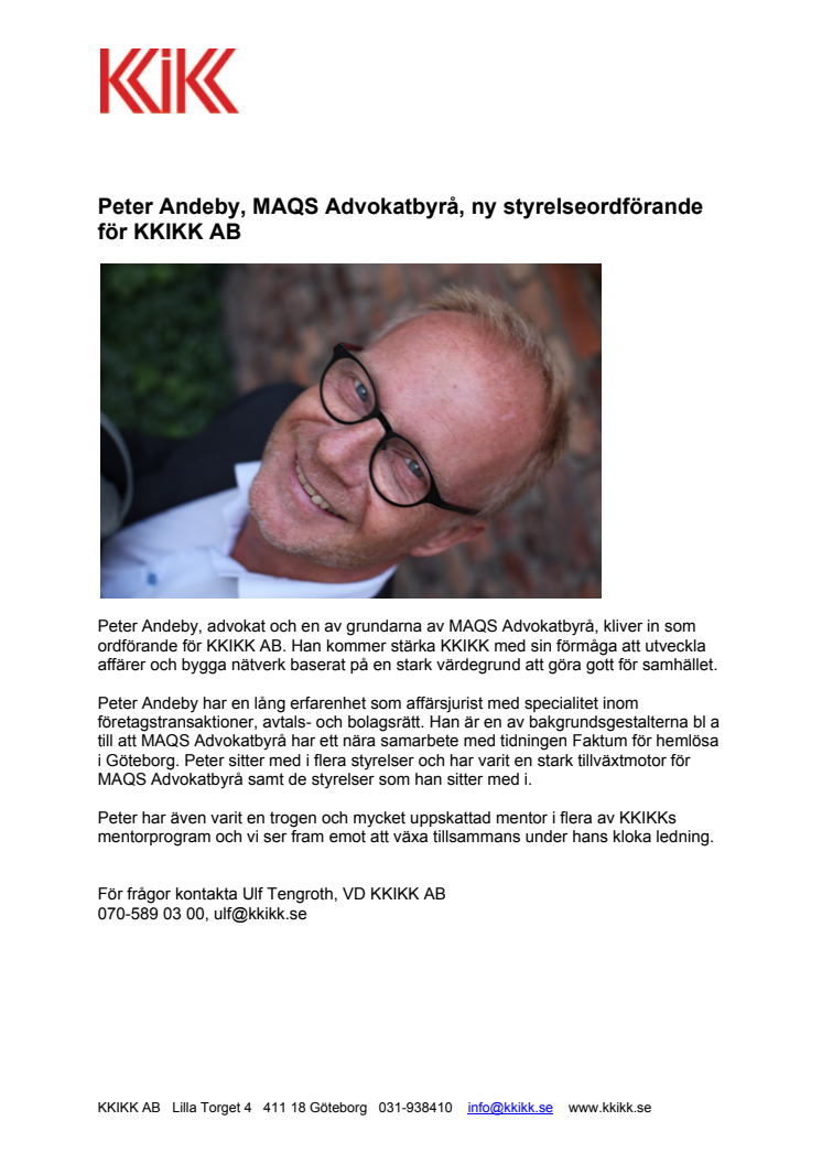 Peter Andeby, MAQS Advokatbyrå, ny ordförande för KKIKK AB