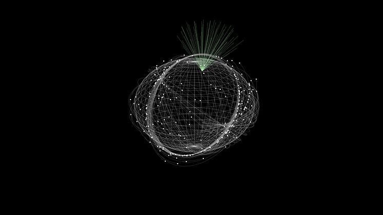 Press_illustration_Simulerade fragment från den förstörda satelliten Kosmos-1408 i omlopp runt jorden tillsammans med en mängd möjliga radar strålar_Cred_DKastinen