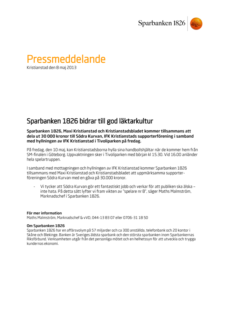 Sparbanken 1826 bidrar till god läktarkultur