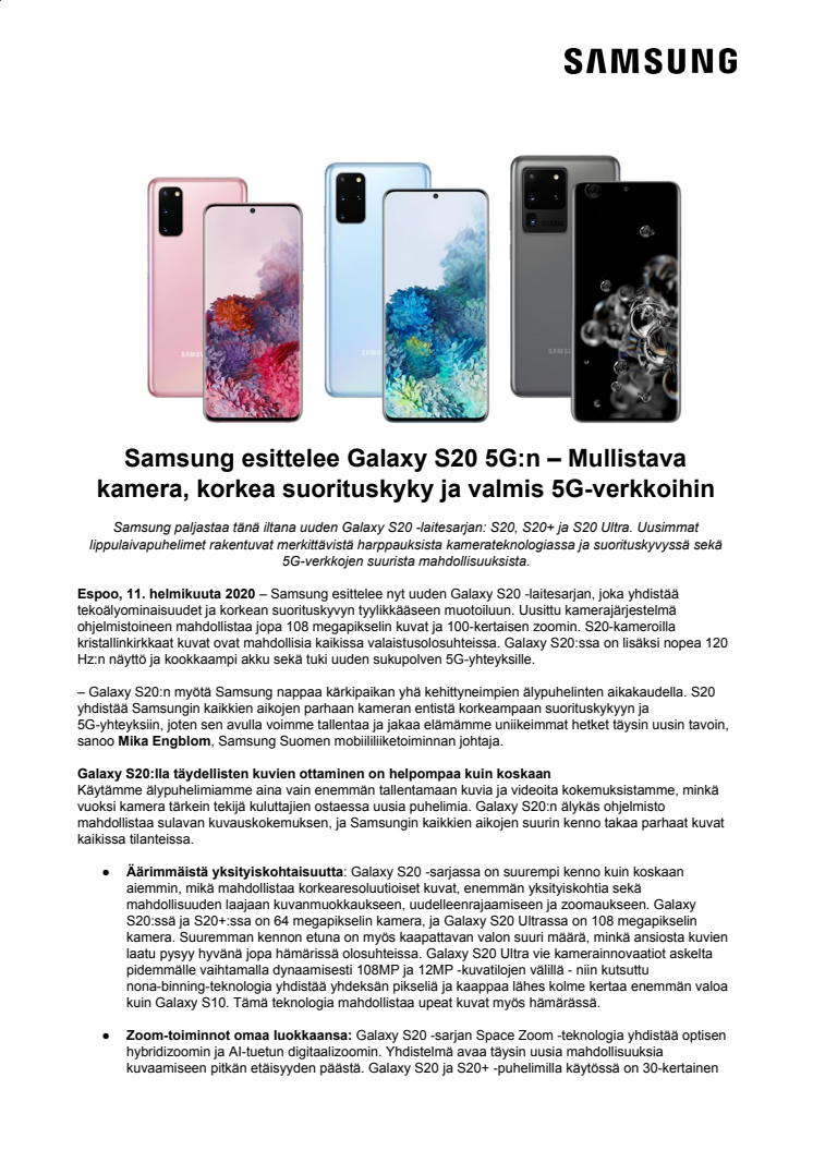 Samsung esittelee Galaxy S20 5G:n – Mullistava kamera, korkea suorituskyky ja valmis 5G-verkkoihin