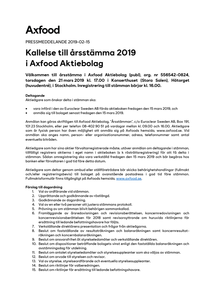 Kallelse till årsstämma 2019 i Axfood Aktiebolag