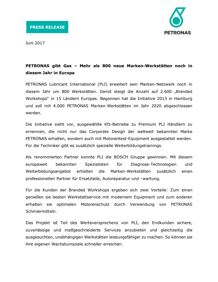 PETRONAS gibt Gas – Mehr als 800 neue Marken-Werkstätten noch in diesem Jahr in Europa
