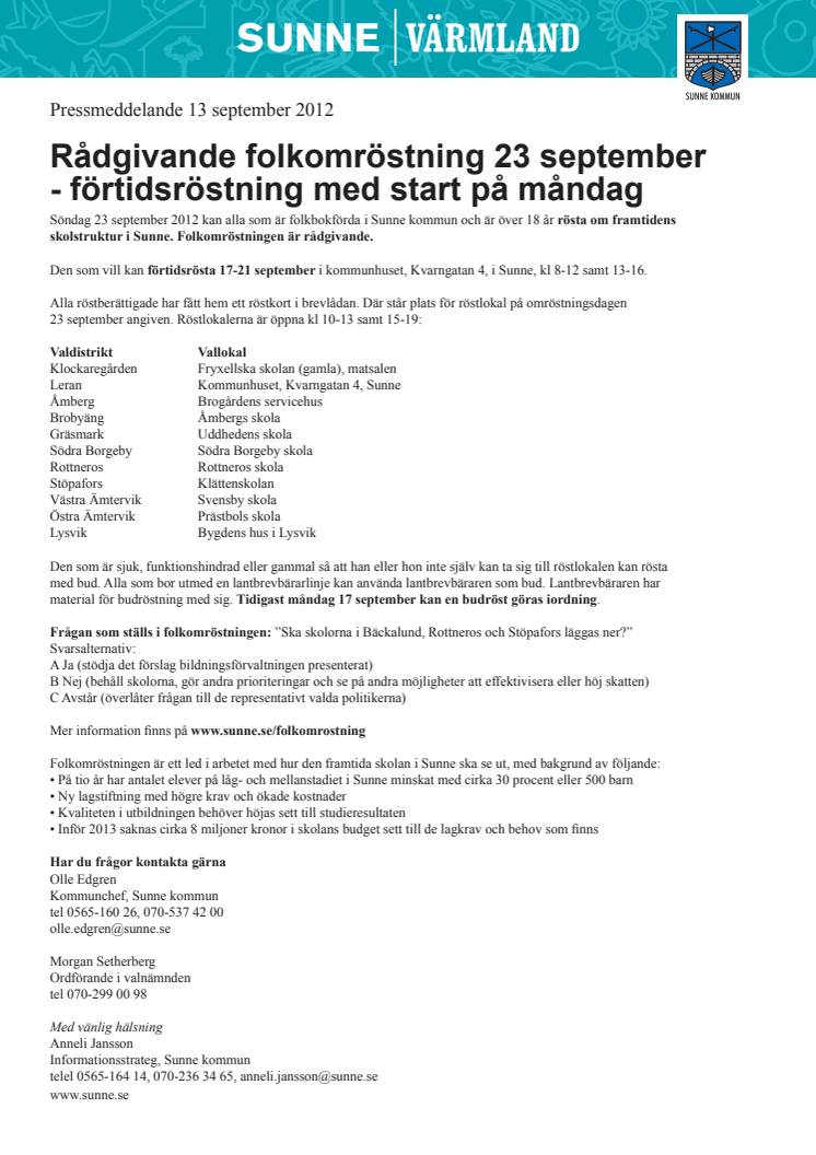 Rådgivande folkomröstning 23 september - förtidsröstning med start på måndag