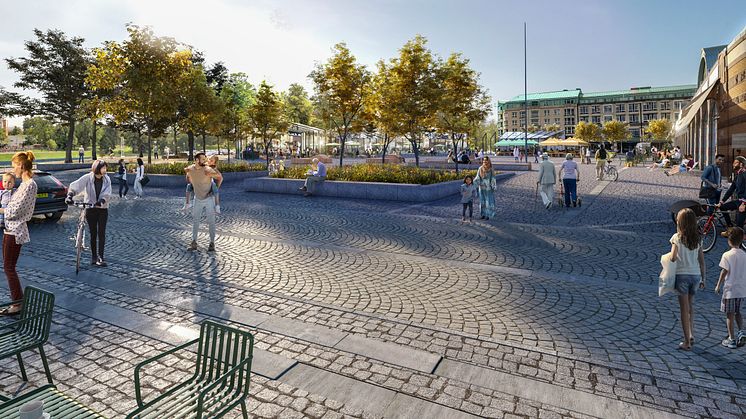 Visionsbild Kungstorget med Saluhallen till höger Visonsbild Göteborgs Stad och White