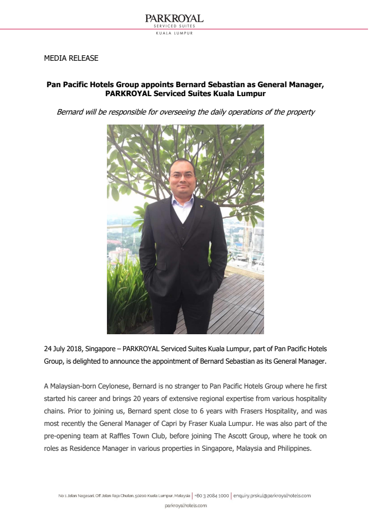 Pan Pacific Hotels Group appoints Bernard Sebastian as General Manager, PARKROYAL Serviced Suites Kuala Lumpur