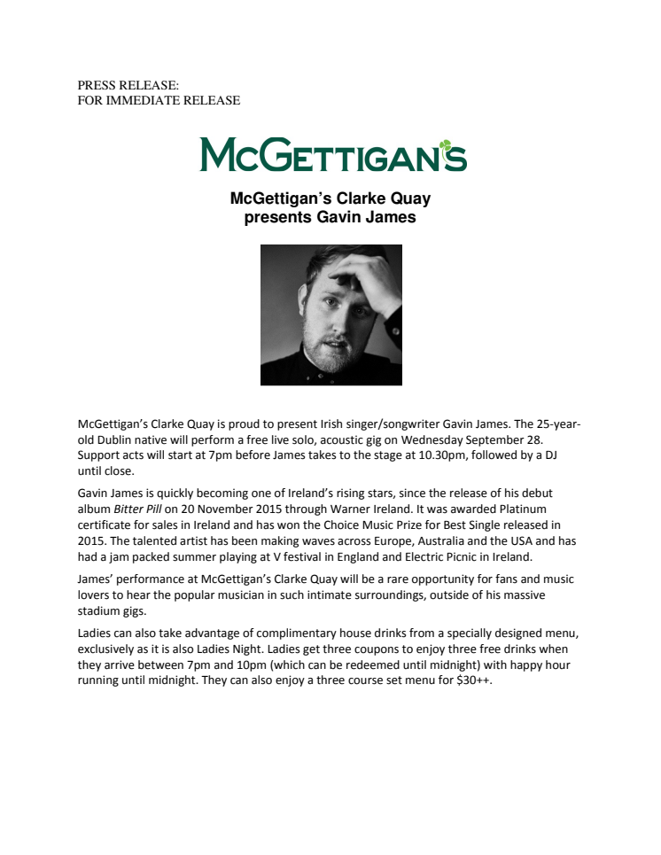 McGettigan’s Clarke Quay presents Gavin James