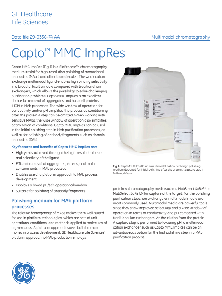 Capto™ MMC ImpRes - a resin for high-resolution polishing of MAbs and other biomolecules