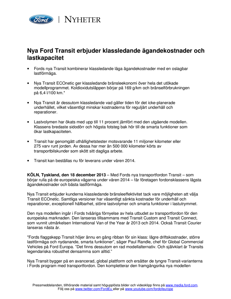 Nya Ford Transit erbjuder klassledande ägandekostnader och lastkapacitet