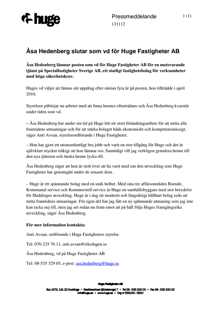 Åsa Hedenberg slutar som vd för Huge Fastigheter AB 