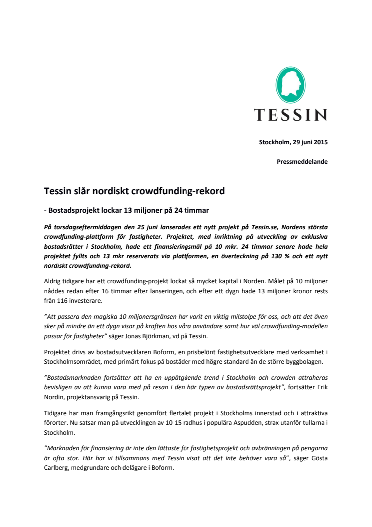 Tessin slår nordiskt crowdfunding-rekord - Bostadsprojekt lockar 13 miljoner på 24 timmar