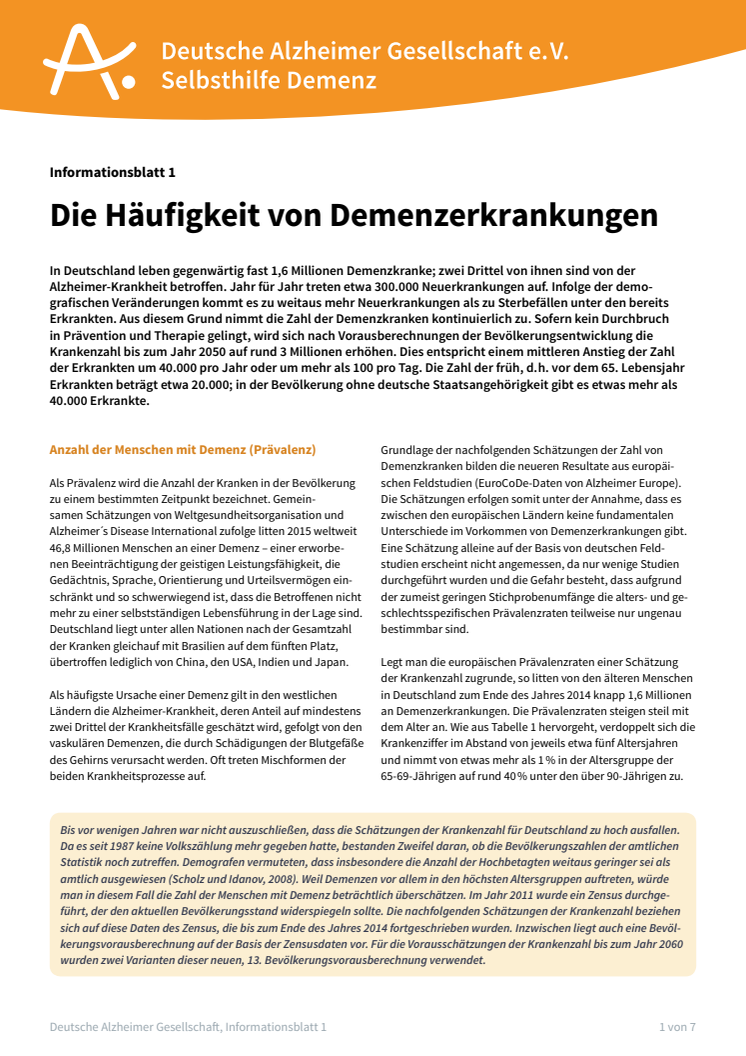 Informationsblatt "Die Häufigkeit von Demenzerkrankungen" neu Juli 2016