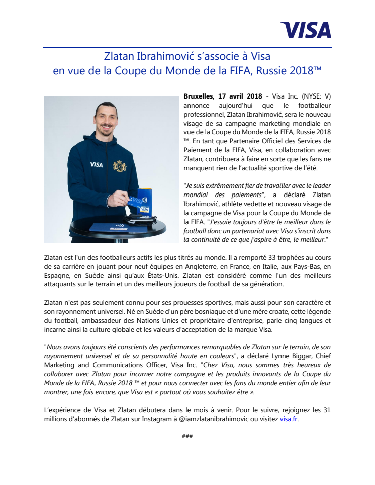 Zlatan Ibrahimović s’associe à Visa  en vue de la Coupe du Monde de la FIFA, Russie 2018™
