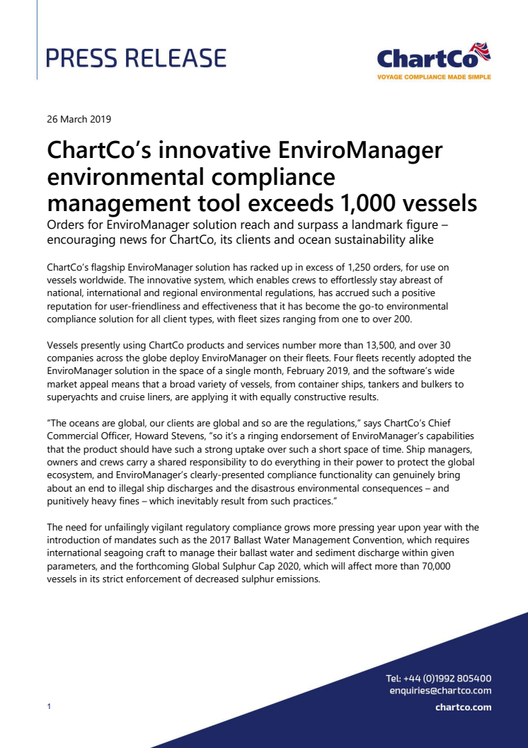 ChartCo’s Innovative EnviroManager Environmental Compliance Management Tool Exceeds 1,000 Vessels 