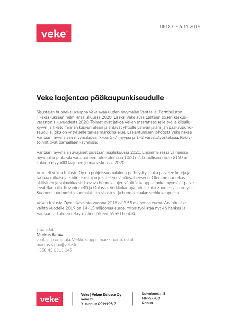 Veke laajentaa pääkaupunkiseudulle