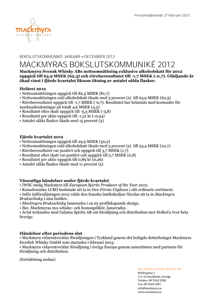 Mackmyras bokslutskommuniké 2012