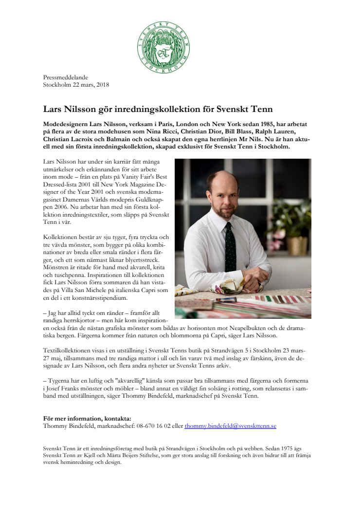 Lars Nilsson gör inredningskollektion för Svenskt Tenn 