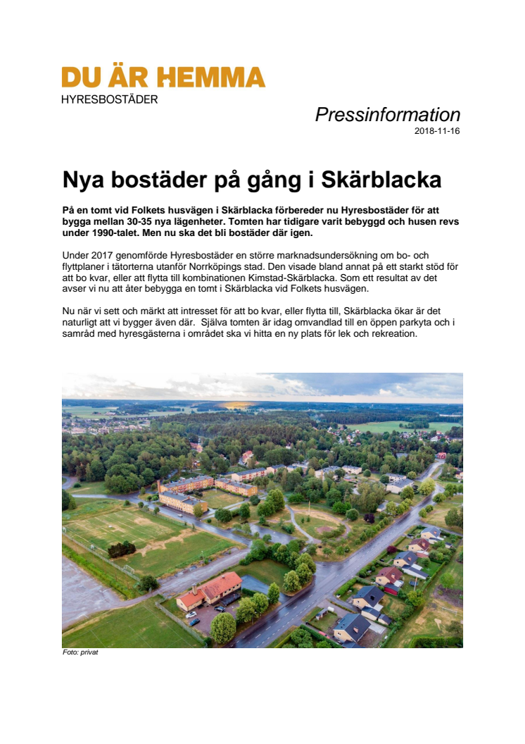 Nya bostäder på gång i Skärblacka