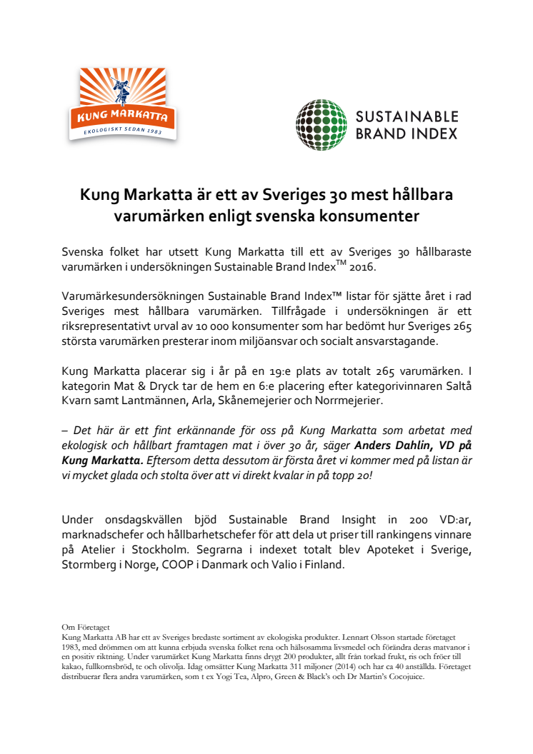 Kung Markatta är ett av Sveriges 30 mest hållbara varumärken enligt svenska konsumenter