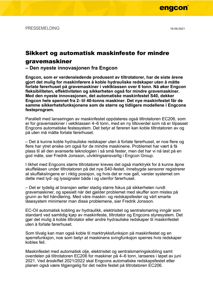 160621_Press_Sikkert og automatisk maskinfeste for mindre gravemaskiner