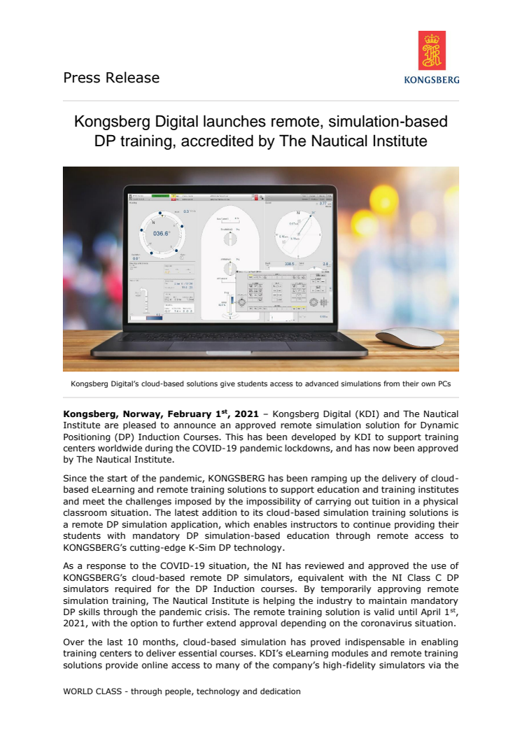 Kongsberg Digital launches remote, simulation-based DP training, accredited by The Nautical Institute