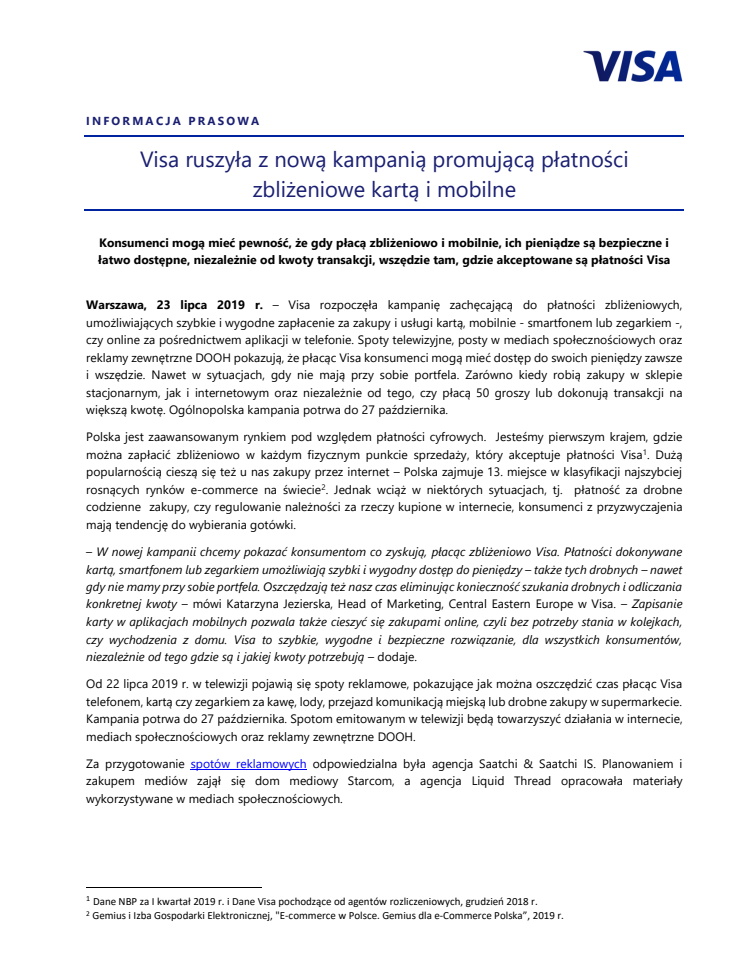 Visa ruszyła z nową kampanią promującą płatności zbliżeniowe kartą i mobilne