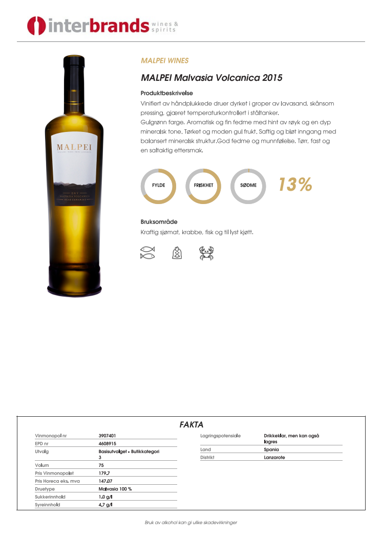 Malpei Malvasia Volcanica Produktark