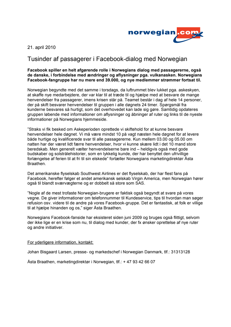 Tusinder af passagerer i Facebook-dialog med Norwegian