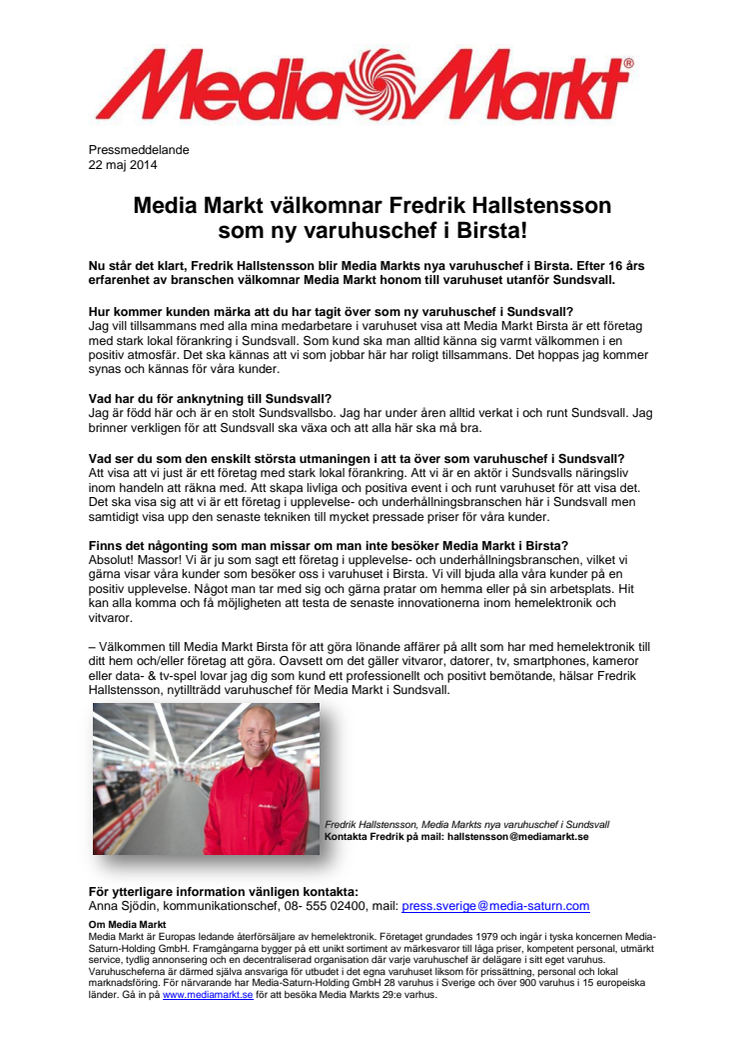 Media Markt välkomnar Fredrik Hallstensson som ny varuhuschef i Birsta!