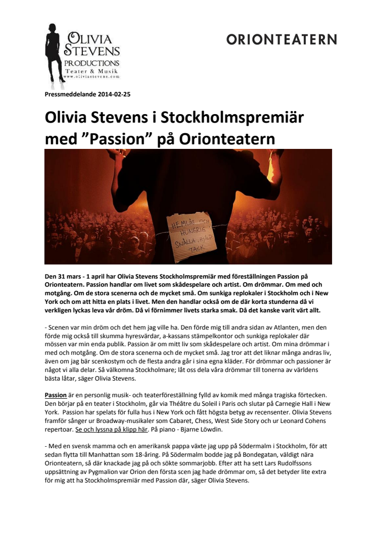 Olivia Stevens i Stockholmspremiär med ”Passion” på Orionteatern