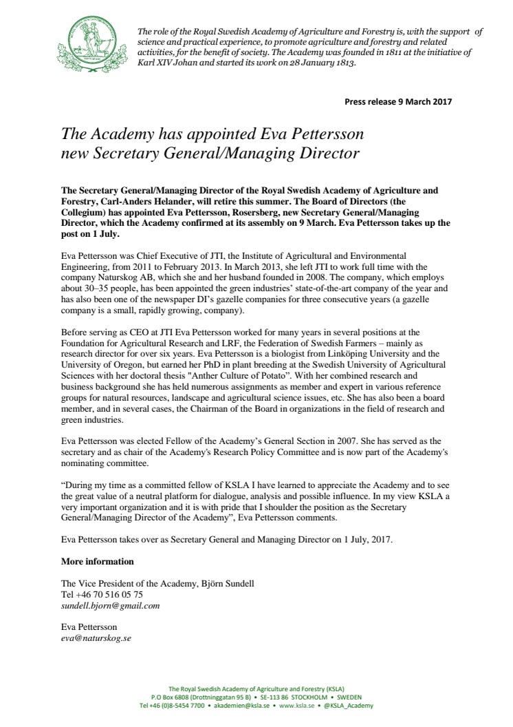The Academy has appointed Eva Pettersson new Secretary General/Managing Director
