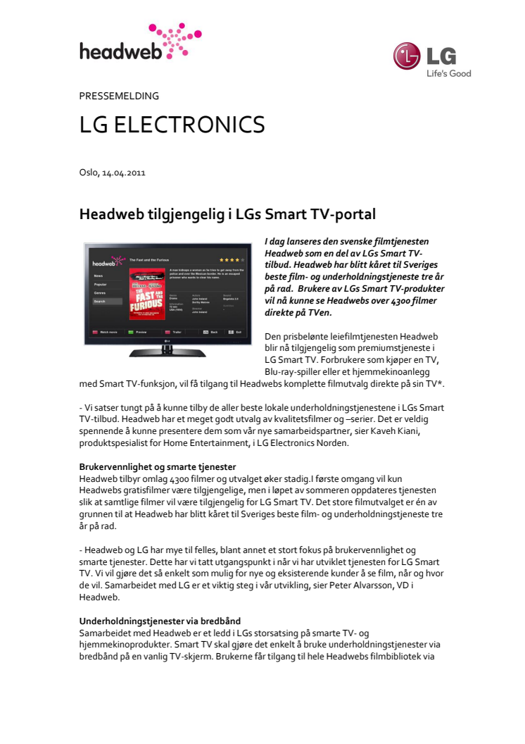Headweb tilgjengelig i LGs Smart TV-portal