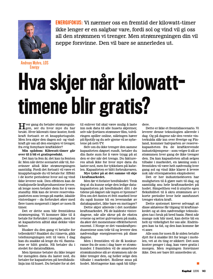 Presseklipp Kapital 2016 #3: Hva skjer når kilowatt-timene blir gratis?