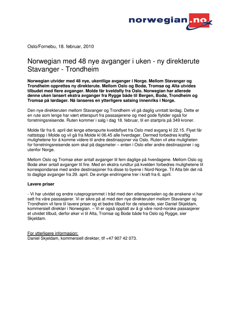 Norwegian med 48 nye avganger i uken - ny direkterute Stavanger - Trondheim