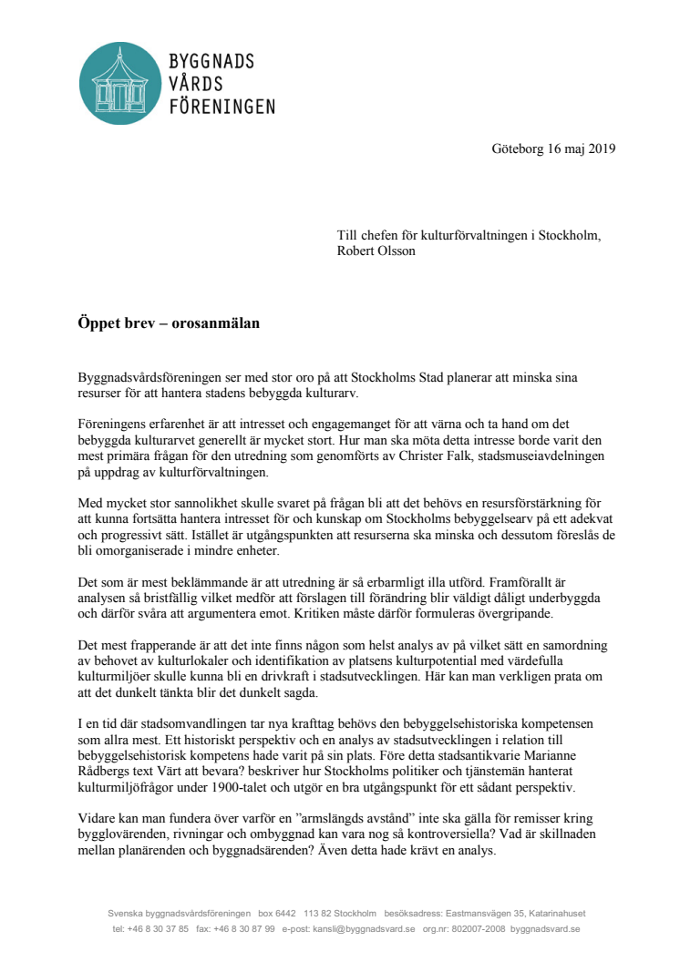 Öppet brev - Orosanmälan till kulturförvaltningen i Stockholm
