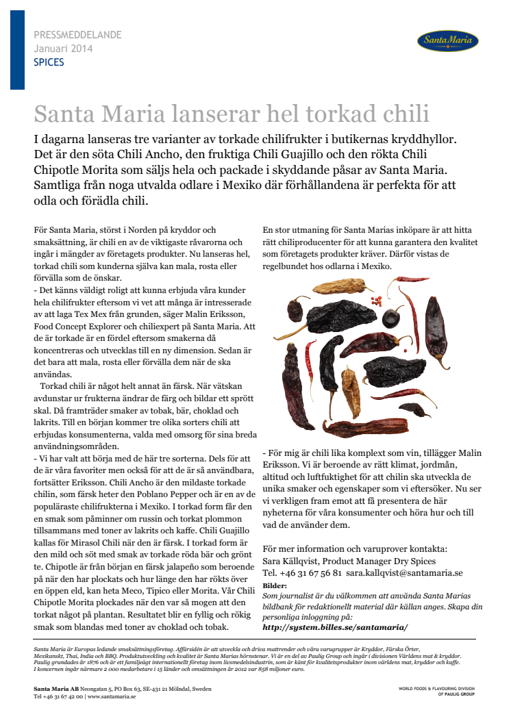 Santa Maria lanserar hel torkad chili