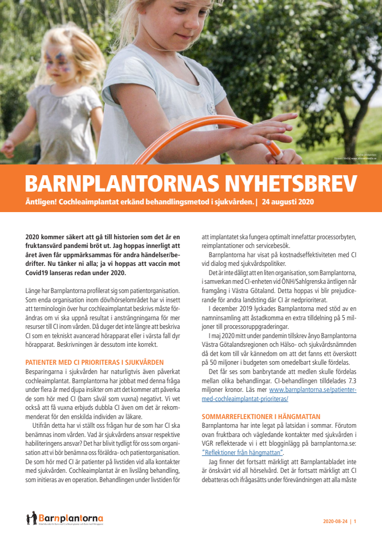 BARNPLANTORNAS NYHETSBREV den 24 augusti 2020 - CI erkänd behandlingsmetod i sjukvården