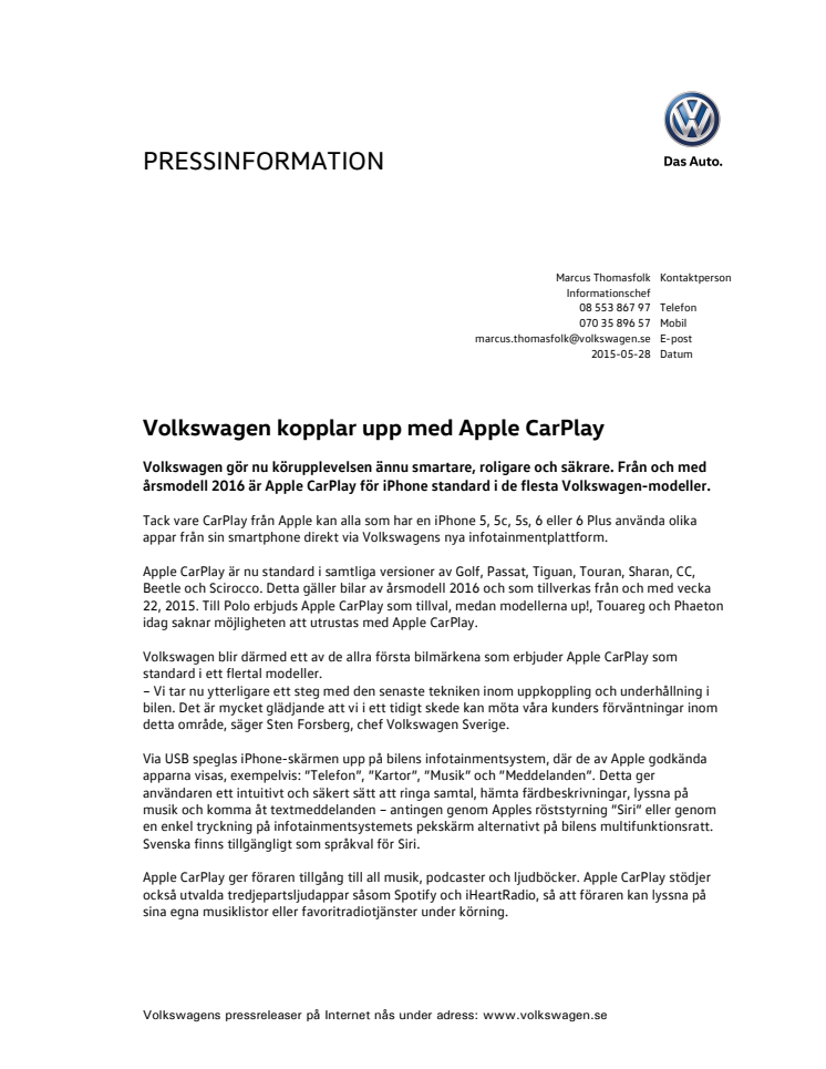 Volkswagen kopplar upp med Apple CarPlay