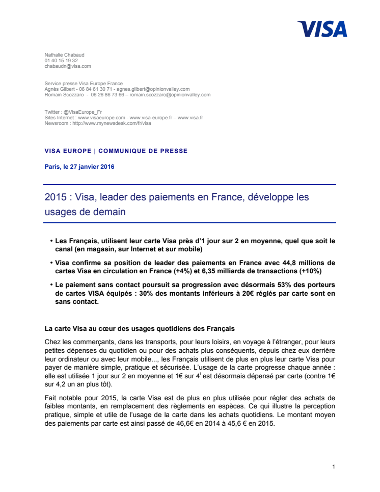 2015 : Visa, leader des paiements en France, développe les usages de demain 