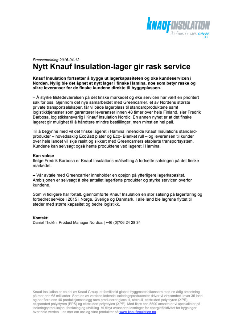 Nytt Knauf Insulation-lager gir rask service 