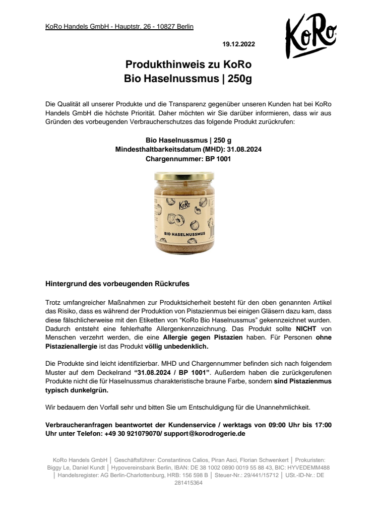 Produkthinweis zu KoRo – Bio Haselnussmus | 250g